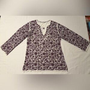 Sevya Handmade Purple Floral Embroidered Cotton Gauze Boho Tunic Top White Small